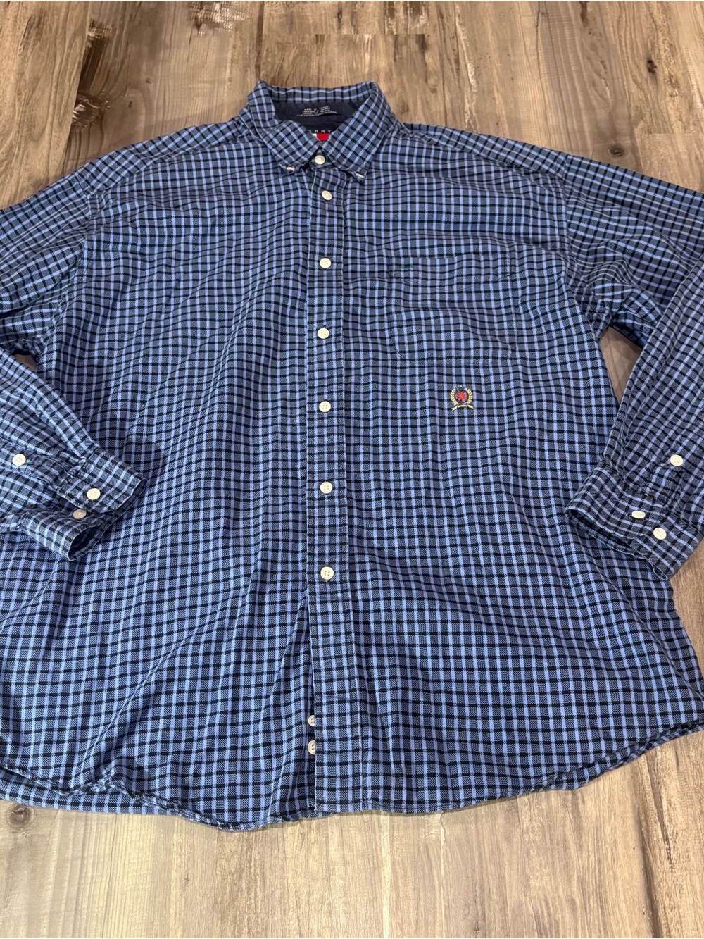 Vintage Tommy Hilfiger Blue Buffalo Check Button Up Shirt SZ XL Embroider Crest